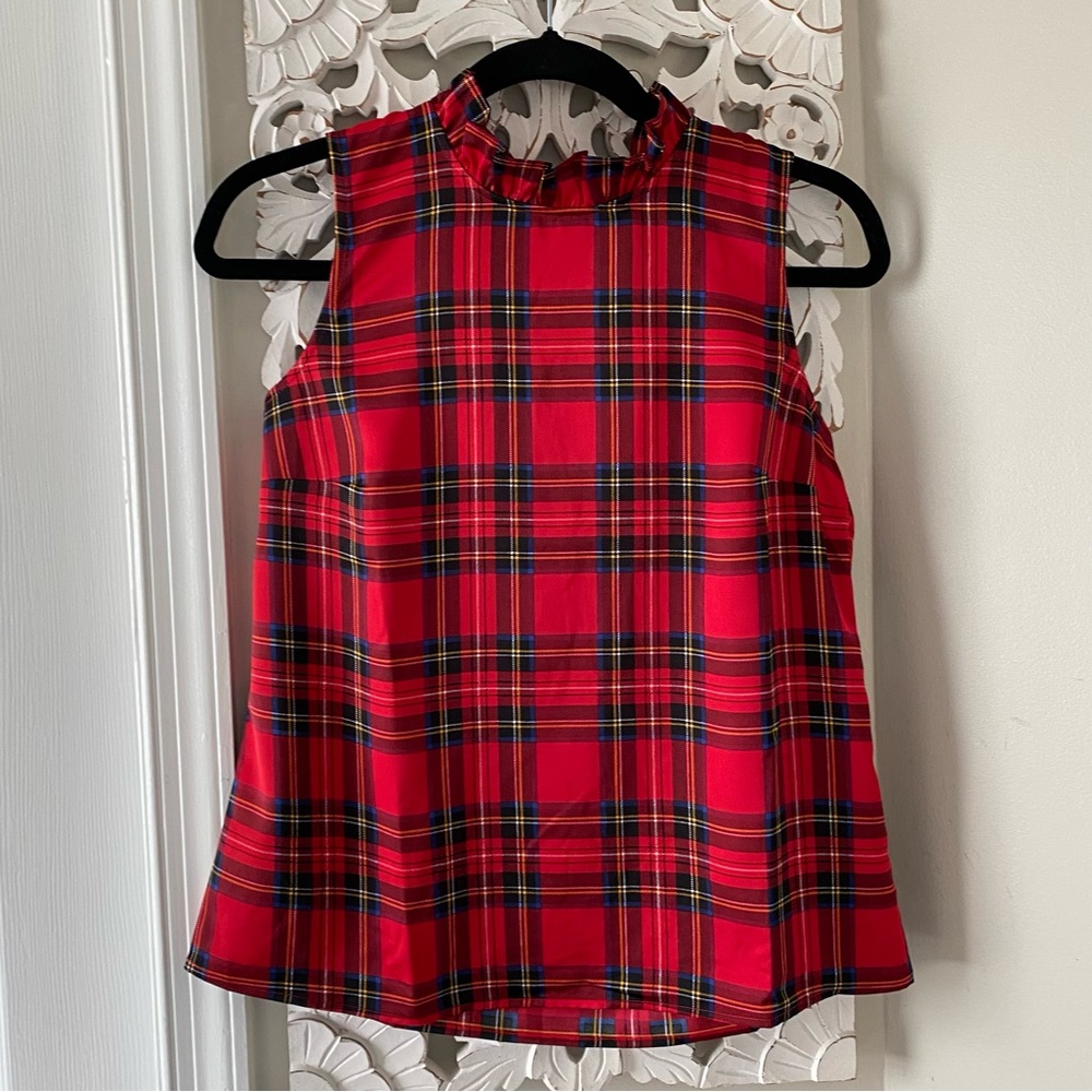J.Crew Tartan Ruffleneck Bow-Back Sleeveless Top Royal Stewart tartan plaid XS